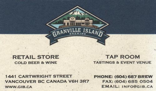 Business Card, Granville Island Brewing, 1441 Cartwright Street, Granville Island, Vancouver, BC, Canada