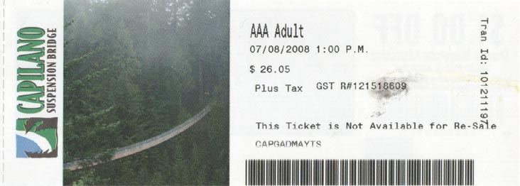 Ticket, Capilano Suspension Bridge, North Vancouver, BC, Canada