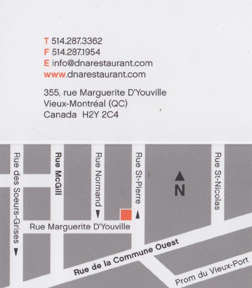 Business Card, DNA, 355, Rue Marguerite d'Youville, Vieux Montréal, Montréal, Québec, Canada