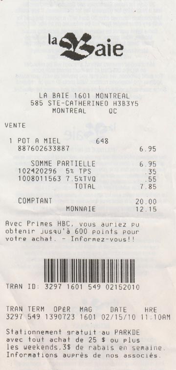 Receipt, The Bay/La Baie, 585, Rue Sainte-Catherine Ouest, Montréal, Québec, Canada, February 15, 2010