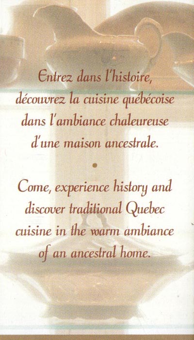 Card, Restaurant Aux Anciens Canadiens, 34, Rue Saint-Louis, Québec City, Canada