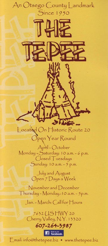 Brochure, The Tepee, 7632 US Highway Route 20, Cherry Valley, New York