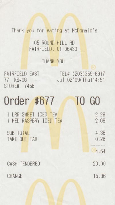 Receipt, McDonald's, 165 Round Hill Road, Interstate 95 Northbound Service Plaza, Fairfield, Connecticut, July 2, 2009