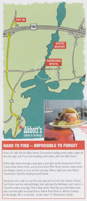 Directions, Brochure, Abbott's Lobster in the Rough, 117 Pearl Street, Noank, Connecticut