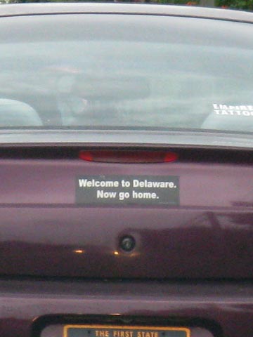 Welcome To Delaware Now Go Home Bumper Sticker, Vines Creek Road, Ocean View, Delaware