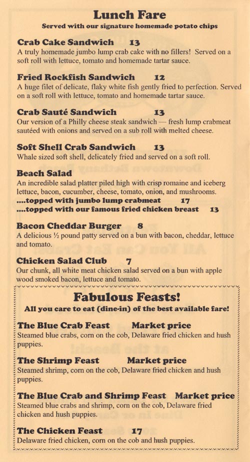 Lunch Menu, The Blue Crab, 210 Garfield Parkway, Bethany Beach, Delaware