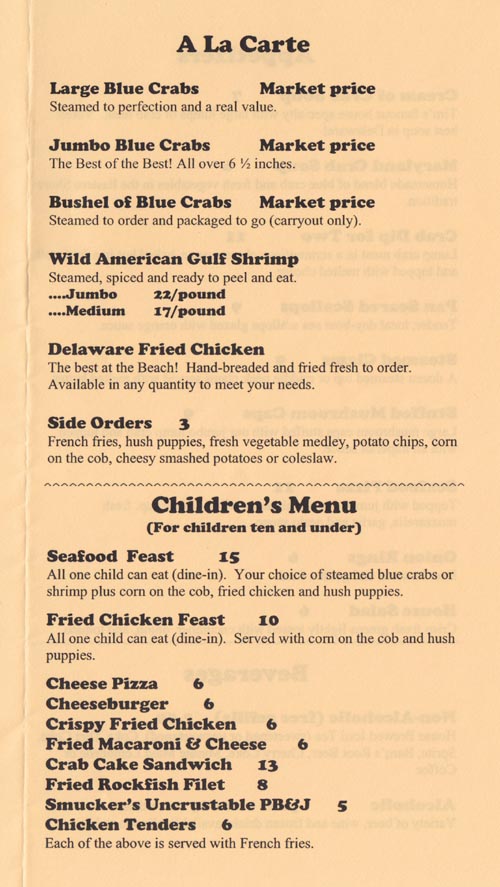A La Carte and Children's Menu, The Blue Crab, 210 Garfield Parkway, Bethany Beach, Delaware