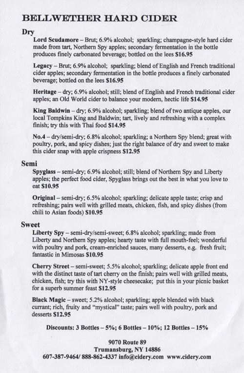 Tasting List, Bellwether Hard Cider, 9070 New York State Route 89, Trumansburg, New York, July 1, 2012