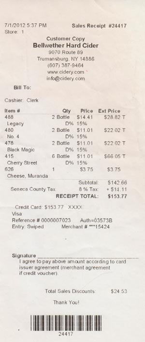 Receipt, Bellwether Hard Cider, 9070 New York State Route 89, Trumansburg, New York, July 1, 2012