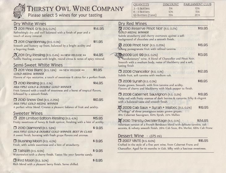 Tasting List, Thirsty Owl Wine Company, 6861 New York State Route 89, Ovid, New York