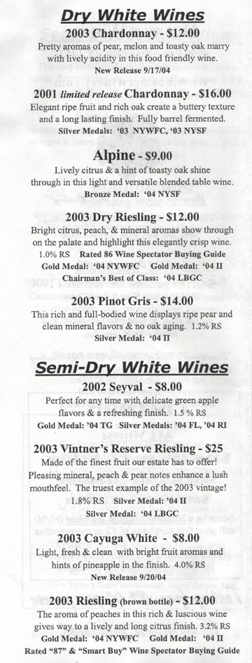 Hosmer Winery Wine List