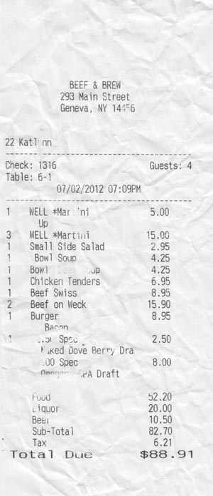 Receipt, Beef & Brew, 293 Main Street, Geneva, New York, July 2, 2012