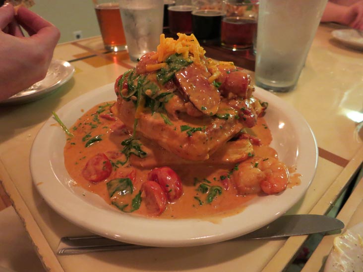 Shrimp, Andouille, Spinach & Tomatoes in Red Pepper-Chili Cream Sauce Over Cornmeal Waffles, Bandwagon Brewpub, 114 North Cayuga Street, Ithaca, New York