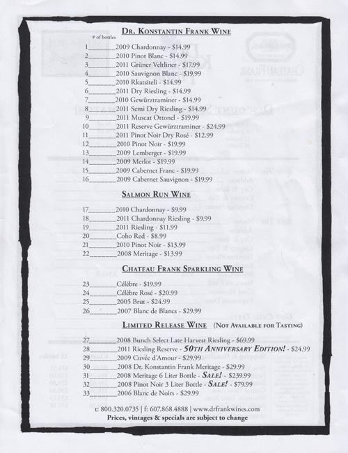 Tasting List, Dr. Konstantin Frank Vinifera Wine Cellars, 9749 Middle Road, Hammondsport, New York, July 3, 2012