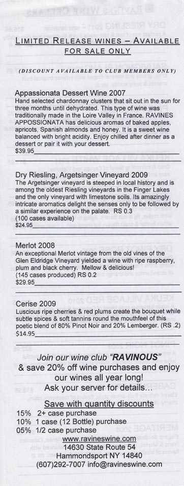 Ravines Wine Cellars Tasting List