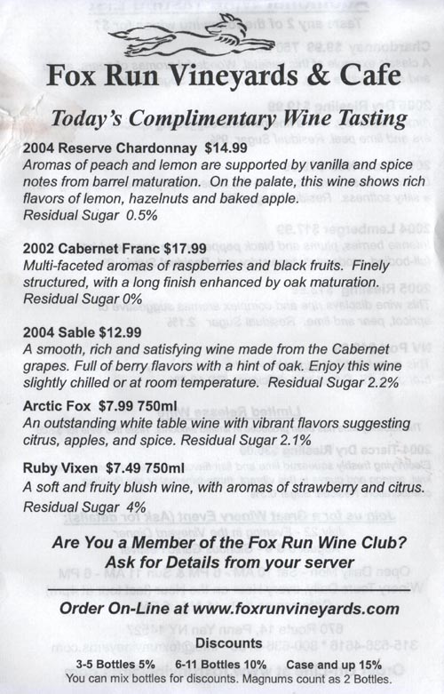 Tasting Sheet, Fox Run Vineyards, 670 Route 14, Penn Yan, New York