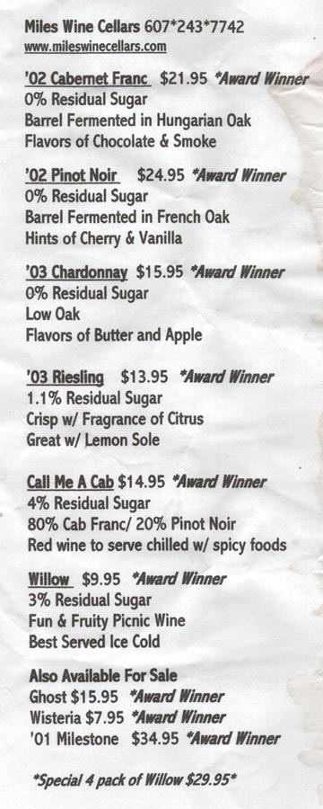 Tasting Sheet, Miles Wine Cellars, 168 Randall Crossing Road, Himrod, New York, July 15, 2006