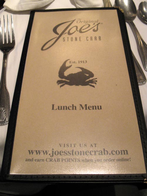 Lunch Menu, Joe's Stone Crab, 11 Washington Avenue, South Beach, Miami, Florida