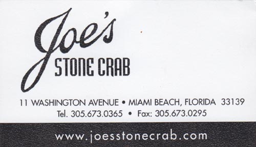 Business Card, Joe's Stone Crab, 11 Washington Avenue, South Beach, Miami, Florida