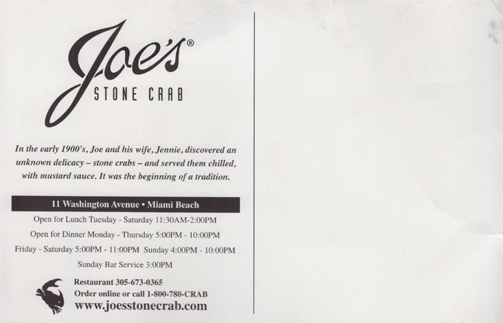 Postcard, Joe's Stone Crab, 11 Washington Avenue, South Beach, Miami, Florida