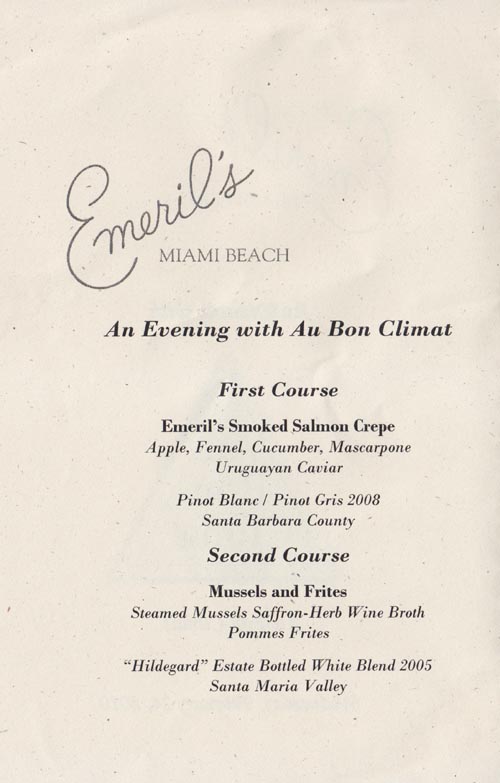 Au Bon Climat Menu, Emeril's Miami Beach, Loews Miami Beach Hotel, 1601 Collins Avenue, South Beach, Miami, Florida, February 24, 2010
