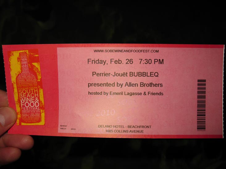 Ticket, Bubble Q, South Beach Wine & Food Festival, South Beach, Miami, Florida, February 26, 2010