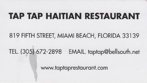 Business Card, Tap Tap Haitian Restaurant, 819 5th Street, South Beach, Miami, Florida