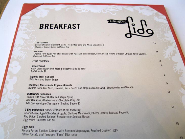 Breakfast Menu, The Standard, 40 Island Avenue, Miami Beach, Florida