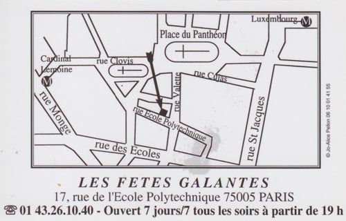 Business Card, Les Fêtes Galantes, 17, Rue de l'Ecole Polytechnique, 5e Arrondissement, Paris, France