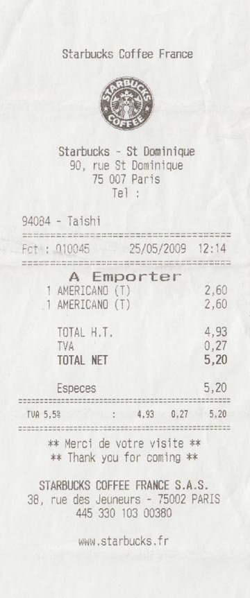 Receipt, Starbucks-St. Dominique, 90, Rue Saint Dominique, 7e Arrondissement, Paris, France