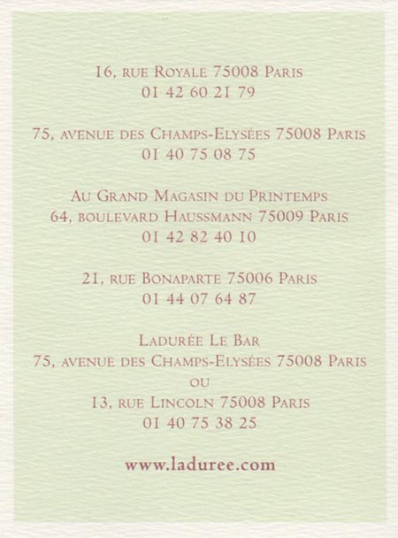 Business Card, Ladurée Royale, 16, Rue Royale, 8e Arrondissement, Paris, France