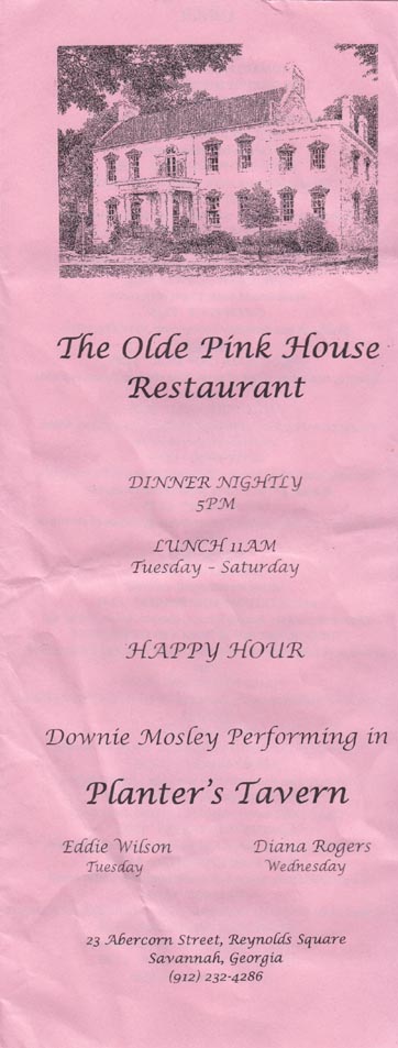 Menu, The Olde Pink House, 23 Abercorn Street, Savannah, Georgia