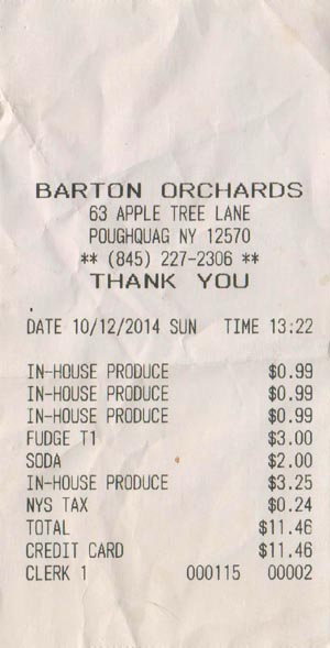 Receipt, Barton Orchards, 63 Apple Tree Lane, Poughquag, New York, October 20, 2014