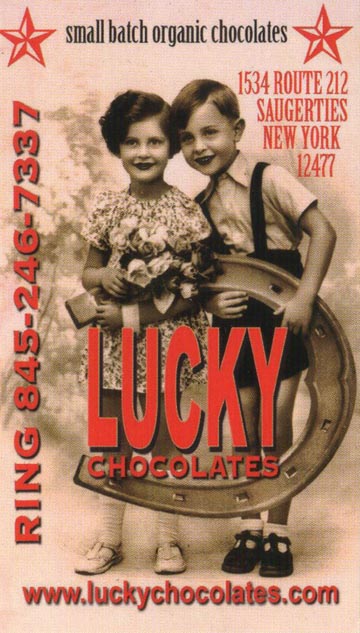 Business Card, Lucky Chocolates, 1534 Rte 212, Saugerties, New York