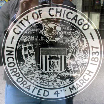 Chicago City Seal on Bus Shelter, Michigan Avenue, Chicago