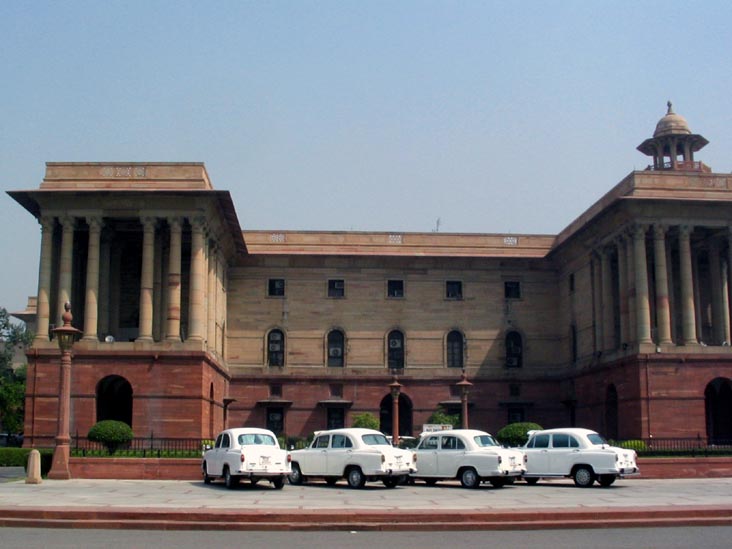 Ambassador Cars Parked In Front Of North Block Secretariat, Rajpath, New Delhi, India