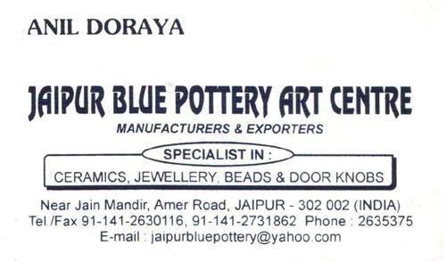 Business Card, Jaipur Blue Pottery Art Centre, Amer Road, Jaipur, Rajasthan, India