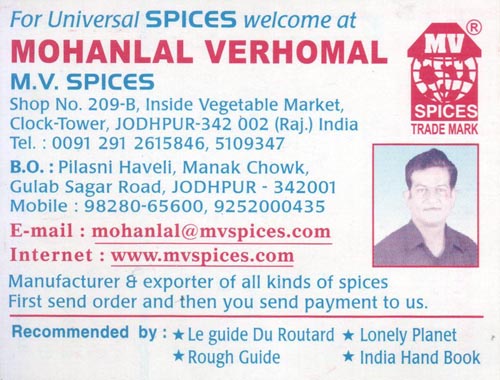 Business Card, M.V. Spices, Shop No. 209-B, Vegetable Market, Clock Tower, Jodhpur, Rajasthan, India