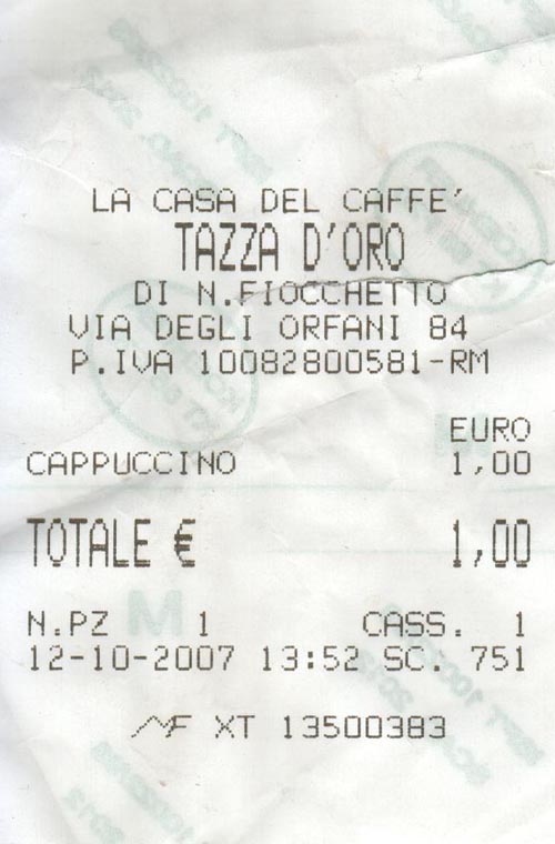 Cappucino Receipt, Tazza d'Oro, Via degli Orfani, 84, Rome, Lazio, Italy