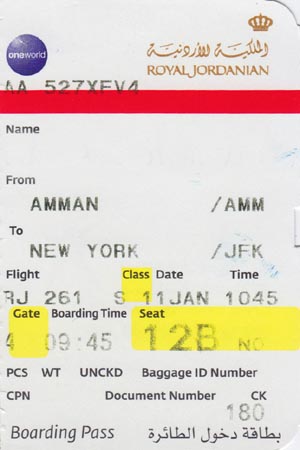 Ticket, Royal Jordanian Airlines Flight 261 From Amman, Jordan To New York City-JFK, January 11, 2011
