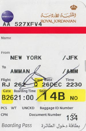 Ticket, Royal Jordanian Airlines Flight 262 From New York City-JFK To Amman, Jordan, December 27, 2010