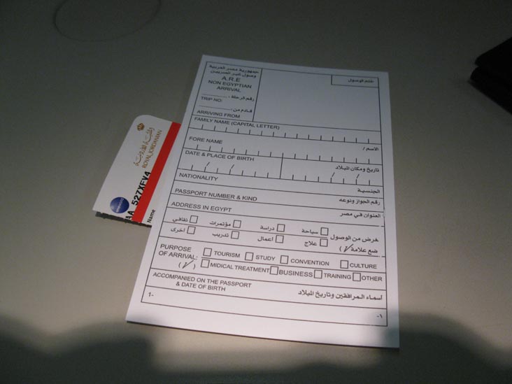 Non-Egyptian Arrival Card, Royal Jordanian Airlines Flight 507 From Amman, Jordan To Cairo, Egypt, December 28, 2010