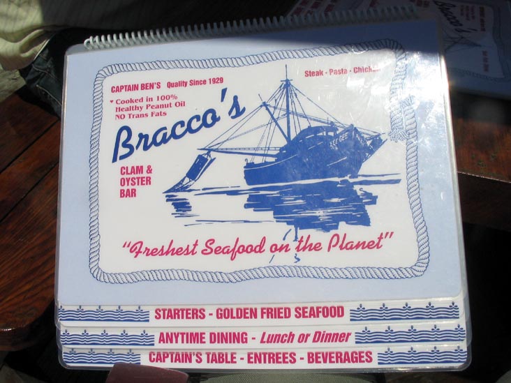 Menu, Bracco's Clam and Oyster Bar, 319 Woodcleft Avenue, Nautical Mile, Freeport, Long Island, New York