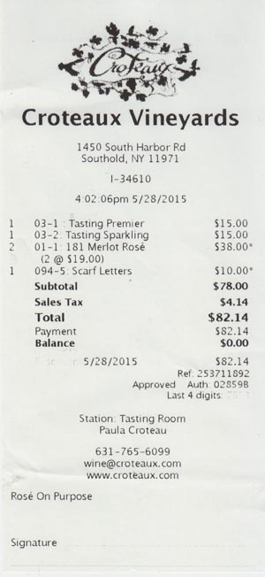 Receipt, Croteaux Vineyards, 1450 South Harbor Road, Southold, New York, May 28, 2015