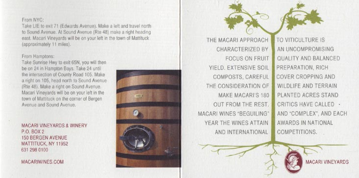 Brochure, Macari Vineyards, Mattituck, New York