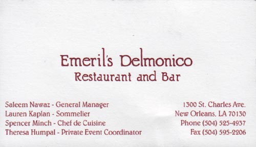 Business Card, Emeril's Delmonico, 1300 St. Charles Avenue, New Orleans, Louisiana