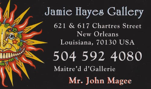 Business Card, Jamie Hayes Gallery, 617-621 Chartres Street, French Quarter, New Orleans, Louisiana