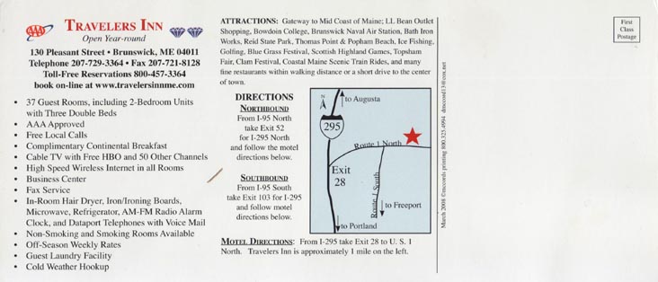 Brochure, Traveler's Inn, 130 Pleasant Street, Brunswick, Maine