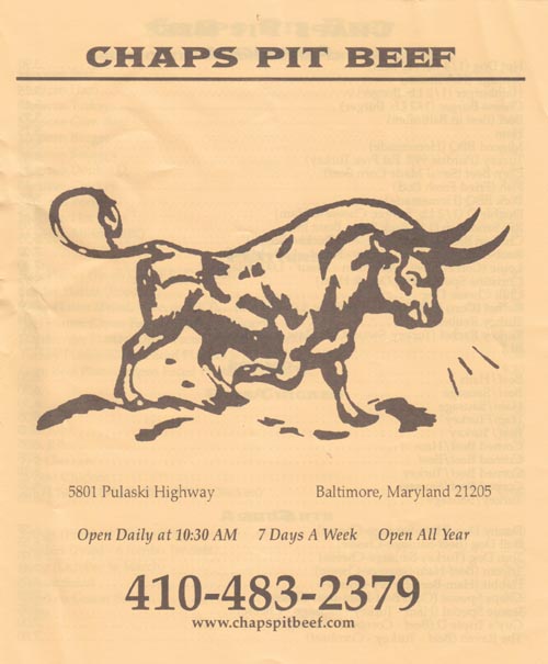 2009 Menu, Chaps Pit Beef, 5801 Pulaski Highway, Baltimore, Maryland