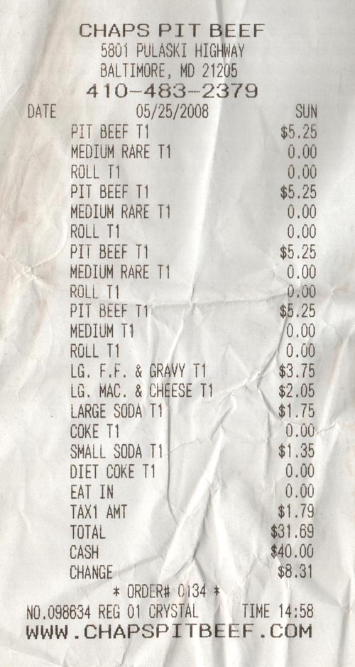 Receipt, Chaps Pit Beef, May 25, 2008